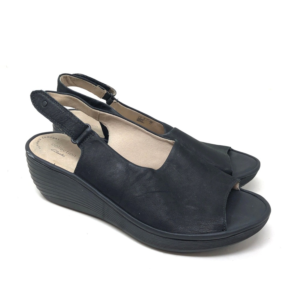 Clarks Womens 10W Wedge Sandals Reedly Shaina Black Leather Slingback Open Toe